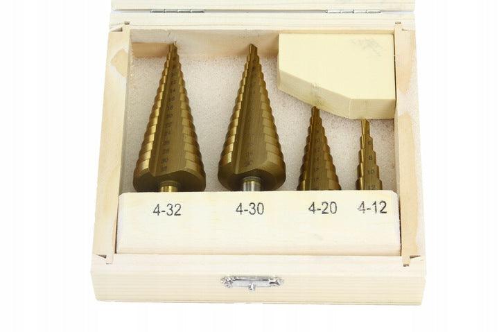 Set burghiu/burghie conic in trepte 4 piese HSS titan 4-32mm in cutie lemn - Bjc tools