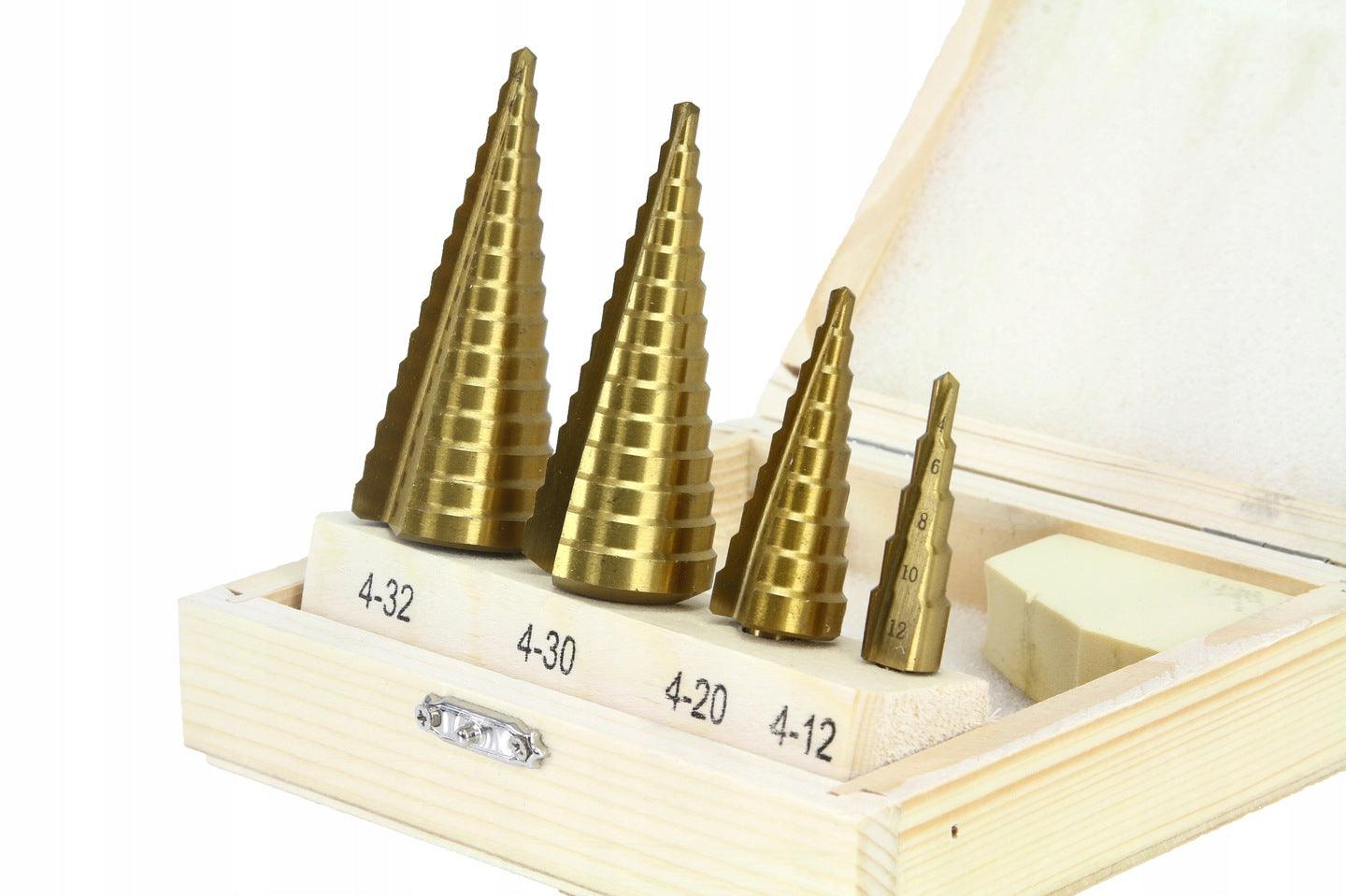 Set burghiu/burghie conic in trepte 4 piese HSS titan 4-32mm in cutie lemn - Bjc tools Imagine principală a produsului
