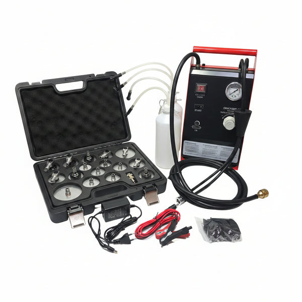 Aparat pompa electrica pentru aerisire si schimbat lichid de frana BJC Tools, 12V/220V, Set complet 17 accesorii