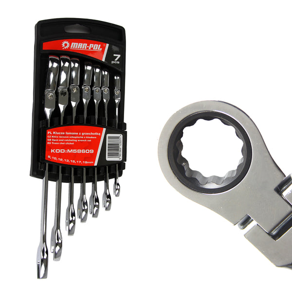 CHEI FIXE ȘI INELARE CU CLICHET ARTICULATE 8-19mm 7 piese, Set chei combinate cu clichet