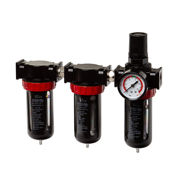 Filtru cu Regulator presiune triplu pentru aer comprimat 1/2” cu manometru – 3 etape