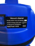 Aspirator industrial 1400W 30L showing specifications and capacity on a blue vacuum cleaner.