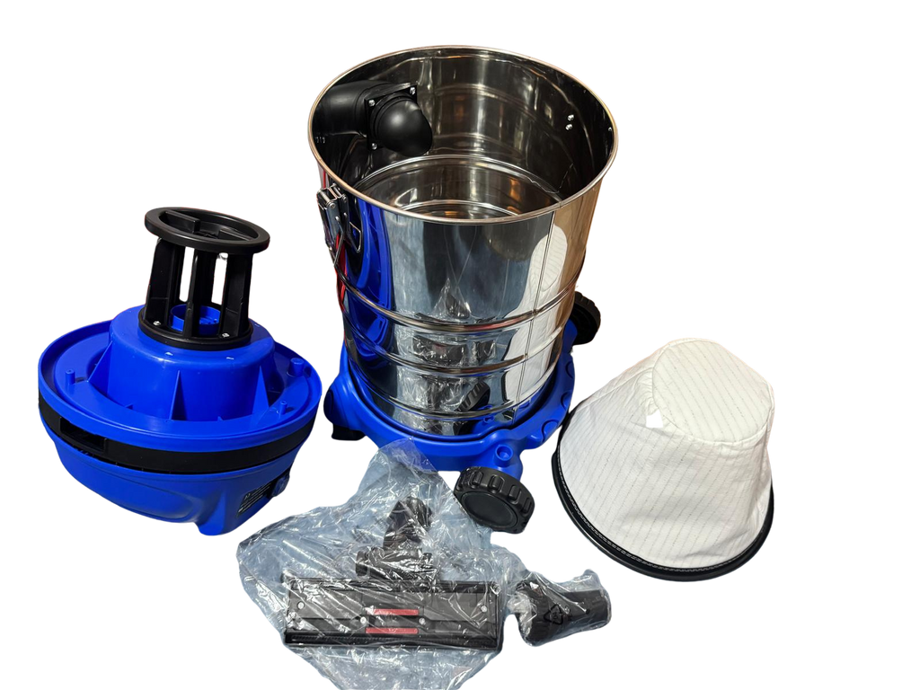 Aspirator industrial 1400W 30L parts including stainless steel tank and accessories for professional cleaning.