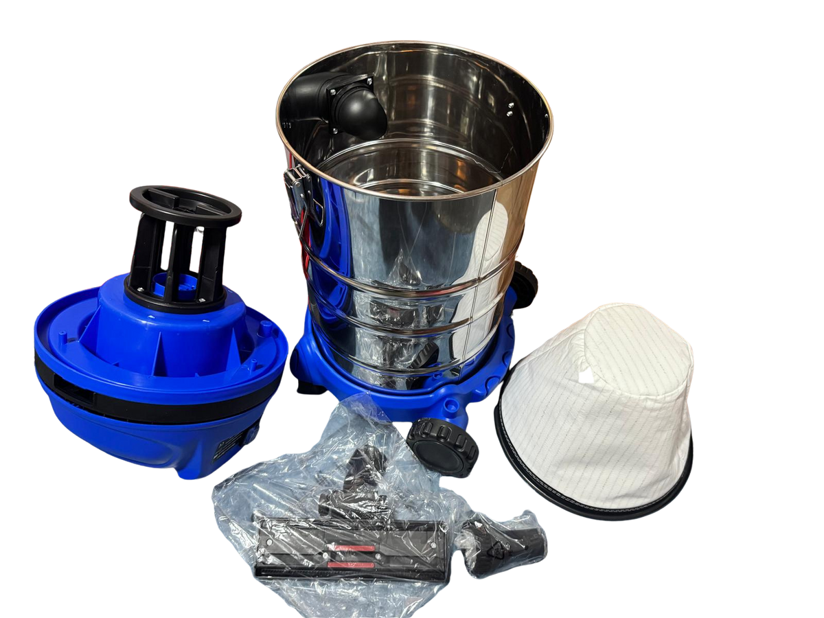 Aspirator industrial 1400W 30L parts including stainless steel tank and accessories for professional cleaning.