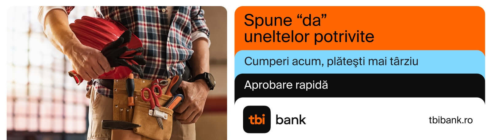 Person in a plaid shirt holding tools, promoting TBI Bank's flexible payment options for convenient purchases.