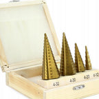 Set burghiu/burghie conic in trepte 4 piese HSS titan 4-32mm in cutie lemn - Bjc tools