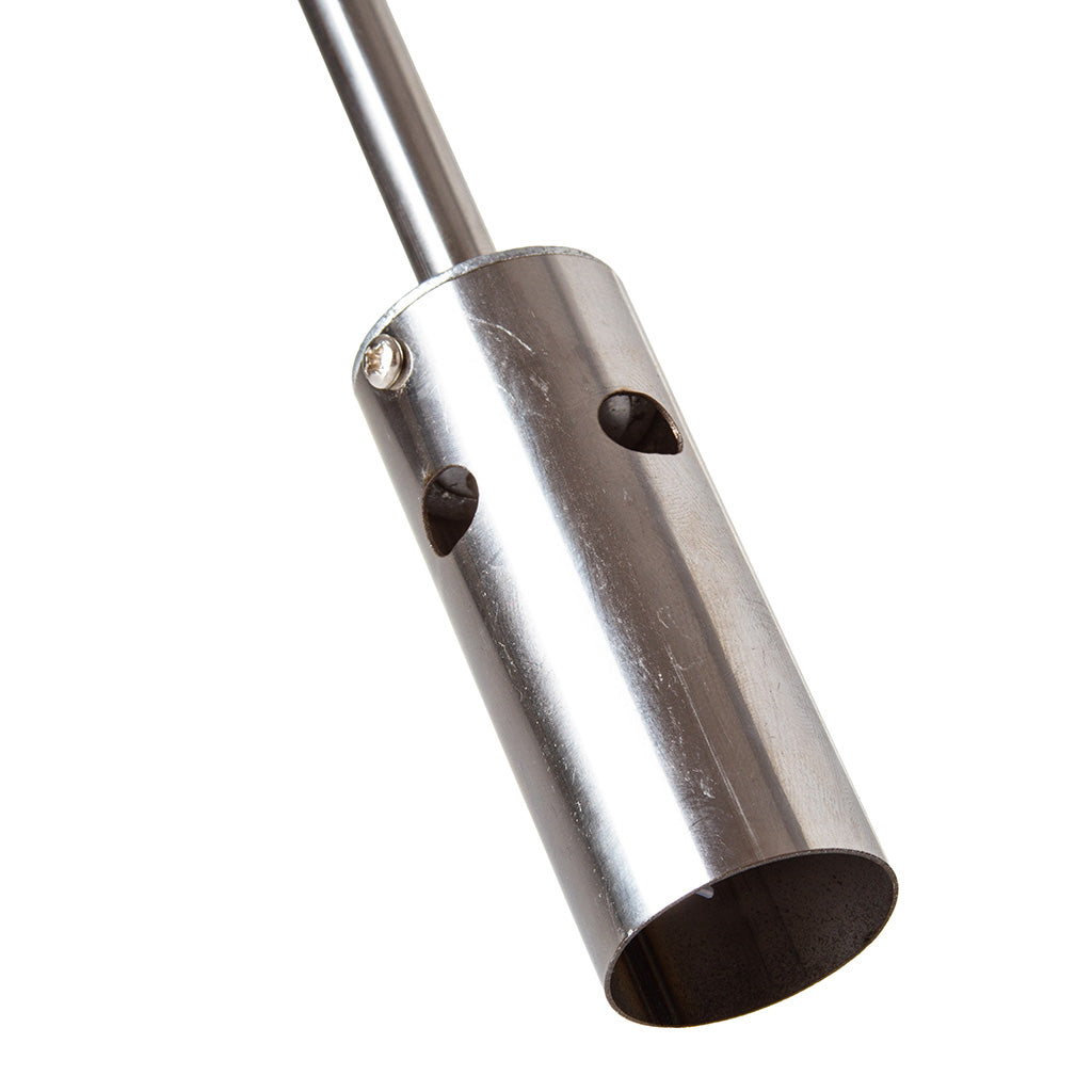 Arzător lung pe gaz cu duză din oțel și lance de aproximativ 80 cm, ideal pentru utilizare cu recipiente reutilizabile.