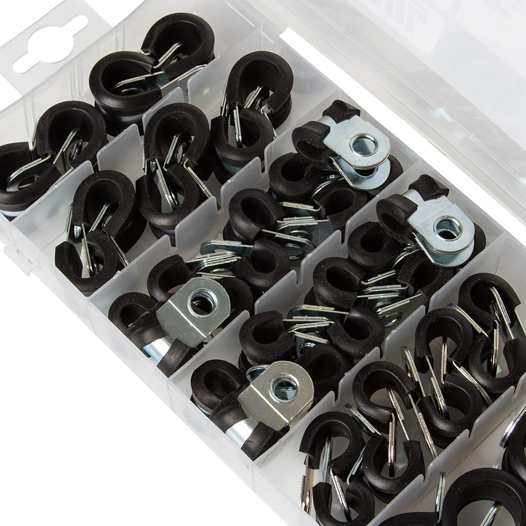 SET CLEME DE MONTAJ TEVI CU PROTECTIE CAUCIUC | 42 buc. Bride tevi in cutie, cleme pentru suspendarea țevilor și cablurilor.