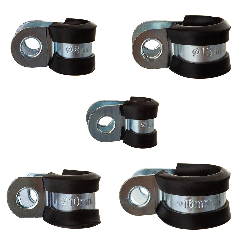 SET CLEME DE MONTAJ TEVI CU PROTECTIE CAUCIUC | 42 buc. Bride tevi, cleme de montaj din oțel cu guler din cauciuc.